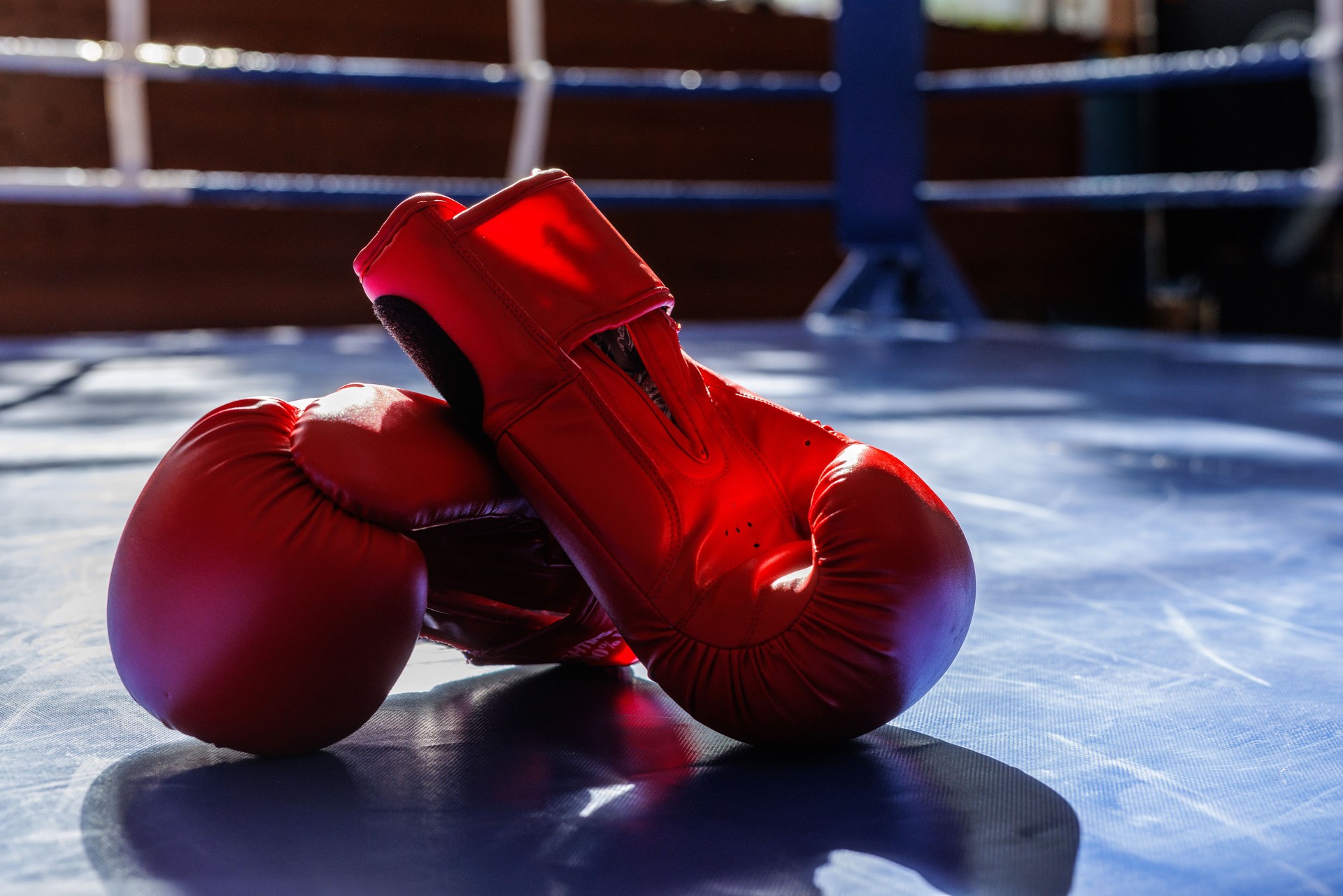Red boxing gloves on ring mat with dramatic light