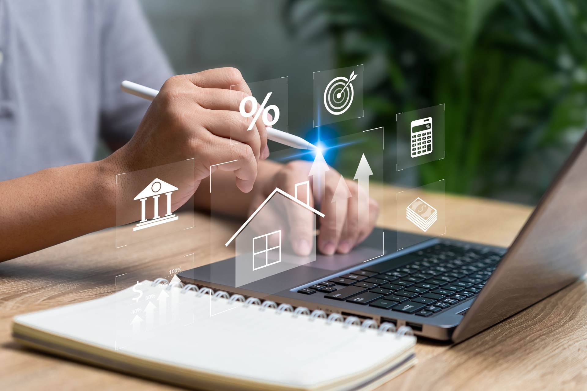 Real estate property investment concept, Businessman use laptops to Calculate the profit from selling a house, Buy and sell houses and real estate online,  insurance and real estate protection